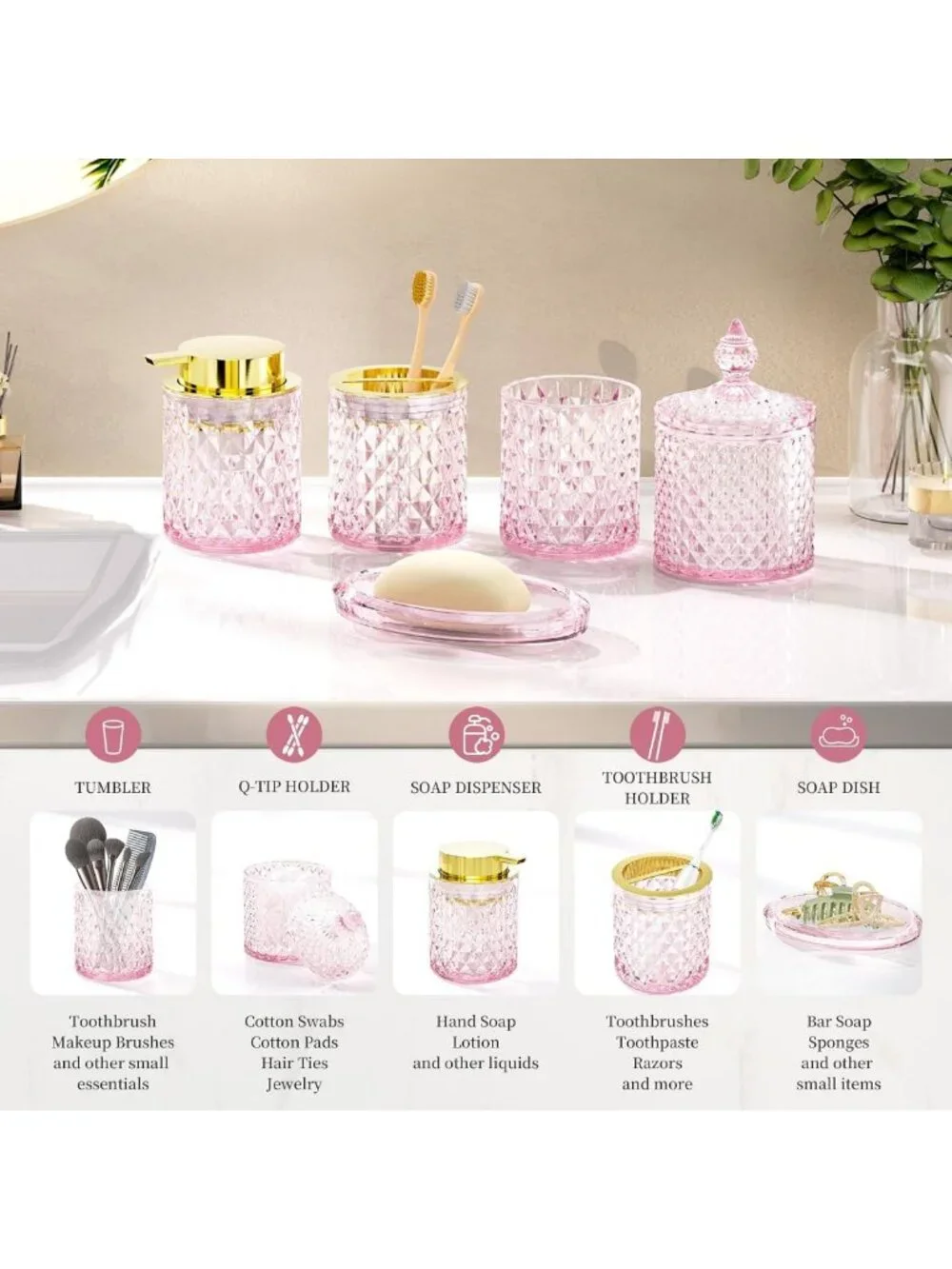 Chic 5-Piece Pink Glass Bathroom Accessories Set for Vanity Decor & Organization